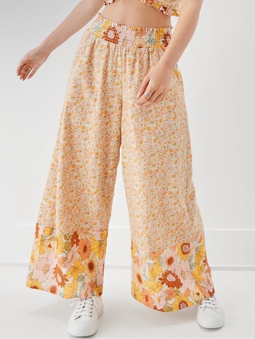 American Eagle Floral Elastic Waist Wide-Leg Skirt - Yellow Floral size XS